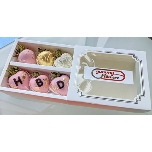 6pcs Pink Gold White "HBD" Chocolate Strawberries Gift Box